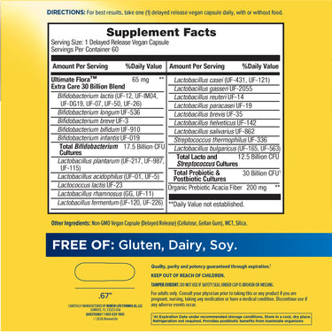 Supplement Facts for Ultimate Flora Extra Care Digestive, 30 Billion, 60 Veg Caps, displayed on product.