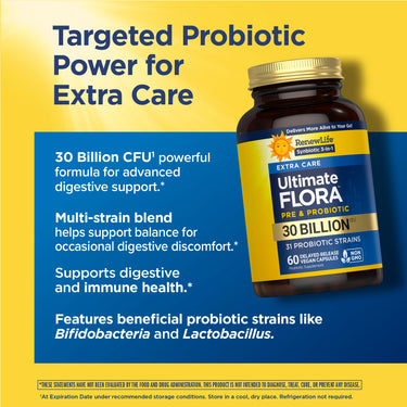 RenewLife Ultimate Flora Extra Care Pre & Probiotic, 30 Billion CFU, 60 Delayed Release Vegan Capsules, NON GMO.
