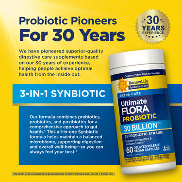 RenewLife Ultimate Flora Probiotic, 30 Billion CFU, 31 Strains, 60 Vegan Capsules for Digestion and Immune Health, NON GMO.