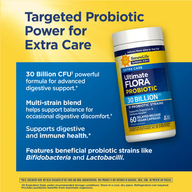 RenewLife Ultimate Flora Probiotic Extra Care with 30 Billion CFU, 60 Delayed Release Vegan Capsules, Non-GMO.