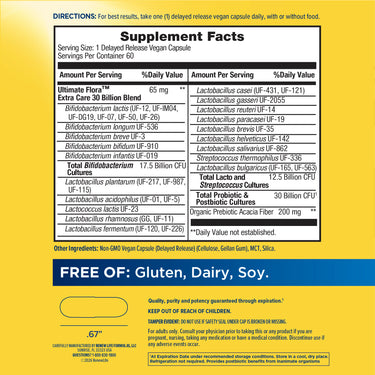Supplement Facts for Ult Flora Extra Care Digestive with 30 Billion CFU in 60 Veg Caps.