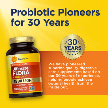 RenewLife Ultimate Flora Probiotic bottle with 'Probiotic Pioneers for 30 Years', promoting optimal health.