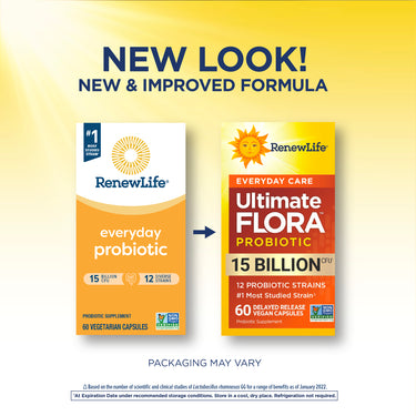 RenewLife Ultimate Flora Everyday 15 Billion 60 Veg Capsules, featuring old and new packaging with 'New Look!' banner.