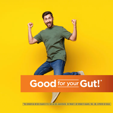 Adult man jumping with joy, fists raised, next to 'Good for your Gut!' text promoting Ult Flora Everyday.
