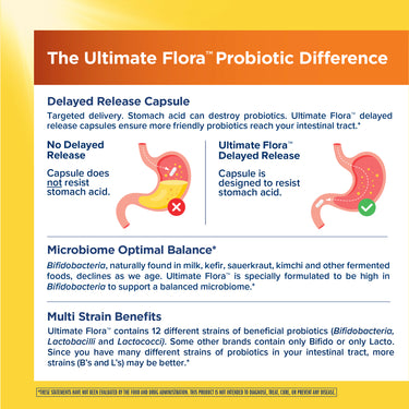 Product highlights graphic stating delayed release for intestinal delivery, high Bifidobacteria for balanced microbiome, 12 probiotic strains.
