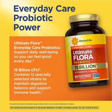 RenewLife Ultimate Flora Probiotic with 15 Billion CFU, 60 Vegan Capsules with Delayed Release.