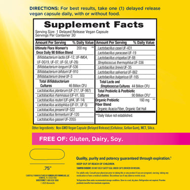 Supplement Facts panel for Ultimate Flora Women's 90 Billion 30 Veg Capsules.