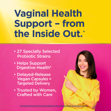 Product highlights graphic stating 27 Probiotic Strains, Supports Digestive Health*, Delayed-Release Vegan Caps for Targeted Delivery, Trusted by Women, with Care