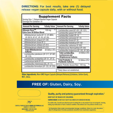 Supplement Facts for Ultimate Flora Extra Care, 50 Billion, 30 Vegetable Capsules.