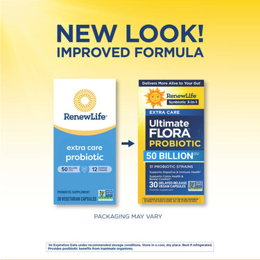 New Look! Improved Formula of RenewLife Ultimate Flora Extra Care Probiotic, 50 Billion CFU, 30 Vegan Capsules.