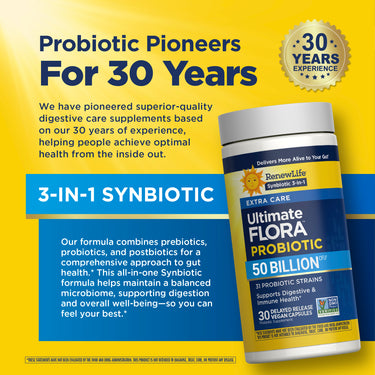 Ultimate FLORA PROBIOTIC EXTRA CARE, Synbiotic 3-in-1 with 50 BILLION CFU and 30 Delayed Release Vegan Capsules.