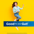 Young woman jumping excitedly on a yellow background with a blue banner that says 'Good for your Gut!'