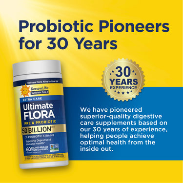 Probiotic pioneers graphic with a RenewLife Ultimate Flora bottle and a '30 Years Experience' badge.