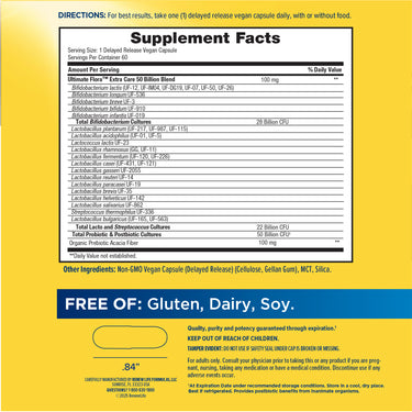 Supplement Facts panel for Ultimate Flora Extra Care 50 Billion 60 Vegetarian Capsules.