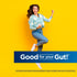 Young woman jumping excitedly on a yellow background with a blue banner stating 'Good for your Gut!'