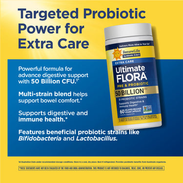 Targeted Probiotic Power for Extra Care. RenewLife Ultimate Flora Pre & Probiotic 50 Billion CFU, 60 Delayed Release Vegan Capsules.
