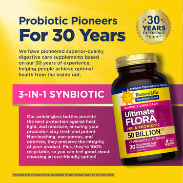 RenewLife Ultimate Flora Women's Pre & Probiotic with 50 Billion CFU in 30 vegan delayed release capsules.