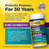 RenewLife Ultimate FLORA Probiotic bottle on a graphic stating 'Probiotic Pioneers For 30 Years' and '3-IN-1 SYNBIOTIC'.