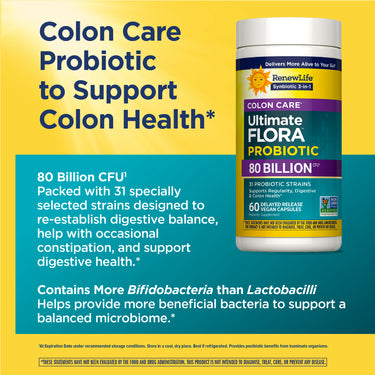 RenewLife Ultimate Flora Probiotic Colon Care offers 80 Billion CFU in 60 delayed-release vegan capsules.