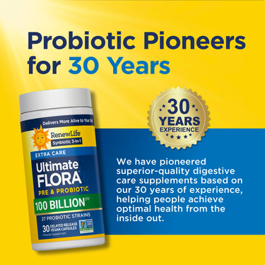RenewLife Ultimate FLORA Extra Care PRE & PROBIOTIC with 100 Billion CFU, in 30 delayed release vegan capsules.