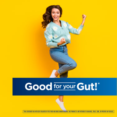 Young woman in a daisy cardigan smiles next to a banner with 'Good for your Gut!' text, conveying energetic positivity.