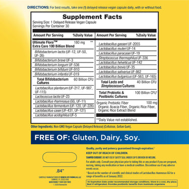 Supplement Facts for Ult Flora Extra Care 100 Billion 30 Veg Capsules displayed.