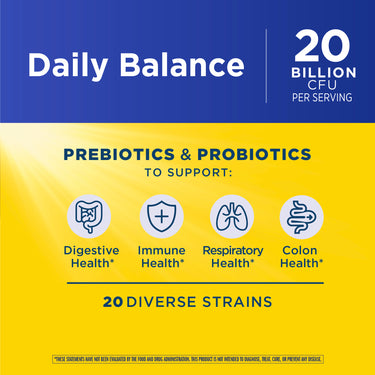 Product highlights graphic stating Daily Balance, 20 BILLION CFU, PREBIOTICS & PROBIOTICS for Digestive, Immune, Respiratory, Colon, 20 DIVERSE STRAINS.