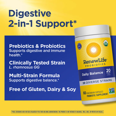 RenewLife Daily Balance Probiotic + Prebiotic, 20 Billion CFU, 20 Diverse Strains, 60 Veg Capsules. USDA Organic certified.