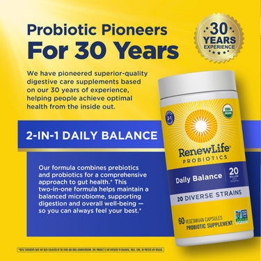 RenewLife Daily Balance Probiotic + Prebiotic, 60 Vegetarian Capsules. 20 Billion CFU, 20 Diverse Strains, USDA Organic, Non-GMO.
