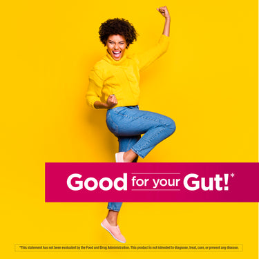 Young woman jumping and smiling with text 'Good for your Gut!' for Women's Daily Probiotic + Prebiotic.