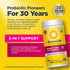 Women's Daily Probiotic bottle with icons indicating USDA Organic, Non-GMO Project Verified, 30 Years Experience, Women's 3-1 Support.
