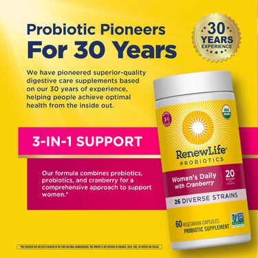 Women's Daily Probiotic bottle with icons indicating USDA Organic, Non-GMO Project Verified, 30 Years Experience, Women's 3-1 Support.