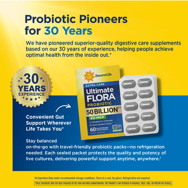 Ultimate Flora Probiotic Extra Care 50 Billion GO PACK with 60 delayed release vegan capsules.