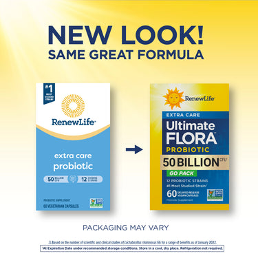 RenewLife Ultimate Flora Extra Care 50 Billion GO PACK, 60 Vegan Capsules, displaying old and new packaging.
