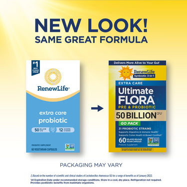 RenewLife Ultimate Flora Extra Care Probiotic, 50 Billion CFU, 60 Vegan Capsules. New look, same trusted formula.