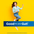 Young woman jumping, fists clenched, with a blue banner saying 'Good for your Gut!' for Ult Flora Extra Care.