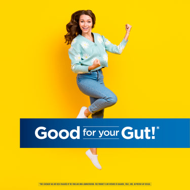 Young woman jumping, fists clenched, with a blue banner saying 'Good for your Gut!' for Ult Flora Extra Care.