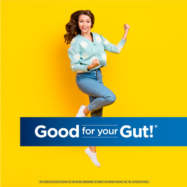 Woman smiling, flexing arms in daisy cardigan; blue banner reads 'Good for your Gut!' with a small disclaimer.