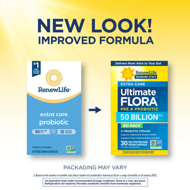 RenewLife Ultimate Flora 50 Billion GO PACK 30 Vegan Capsules packaging, displaying both old and redesigned versions.