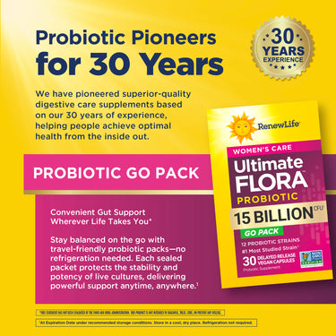 RenewLife Ultimate Flora Women's Care Probiotic, 15 Billion CFU, 30 vegan capsules, travel-friendly, no refrigeration needed.
