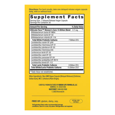 Supplement Facts panel for RN Ult Flora Women's GOPACK with 15 Billion CFU in 30 Veg Capsules.