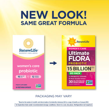 RenewLife Women's Care Probiotic, 15 Billion CFU, 30 Vegan Capsules. Image shows both old and new packaging.