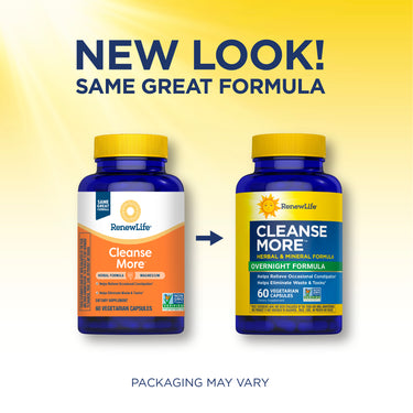 Cleanse More 60 Vegetarian Capsules displayed in old and new packaging with a note: 'NEW LOOK! SAME GREAT FORMULA'.