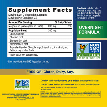 CleanseMore 60 Veg Capsules. Supplement facts: overnight formula, non-GMO verified, free of gluten, dairy, and soy.
