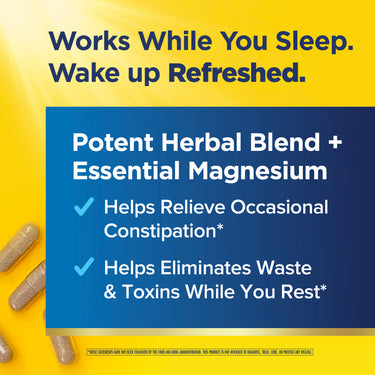 Product highlights graphic stating: Helps relieve occasional constipation and eliminates waste and toxins while you rest.
