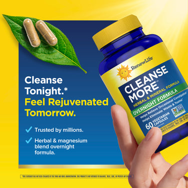 RenewLife Cleanse More Herbal & Mineral Formula, Overnight Formula, 60 Vegetarian Capsules, plus two loose capsules.