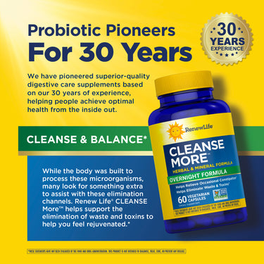 RenewLife Cleanse More, Herbal & Mineral Overnight Formula with 60 Vegetarian Capsules, Non-GMO Project Verified.