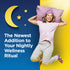 Young adult woman jumps happily in pajamas, holding a pillow, with text 'The Newest Addition to Your Nightly Wellness Ritual'.