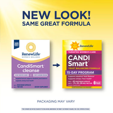 RenewLife CandiSmart 2-Part Kit packaging: new look for Yeast Balancing Formula, same great formula. Capsules and tincture.