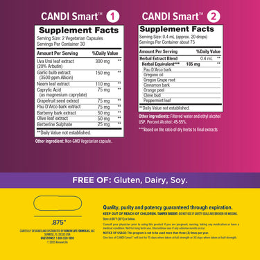 CandiSmart 2 Part Kit Supplement Facts, gluten-free, dairy-free, and soy-free details displayed.